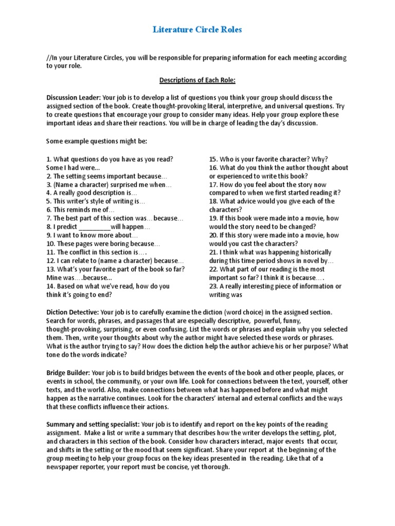 Copy of Student Literature Circle Packet 1 PDF Writers