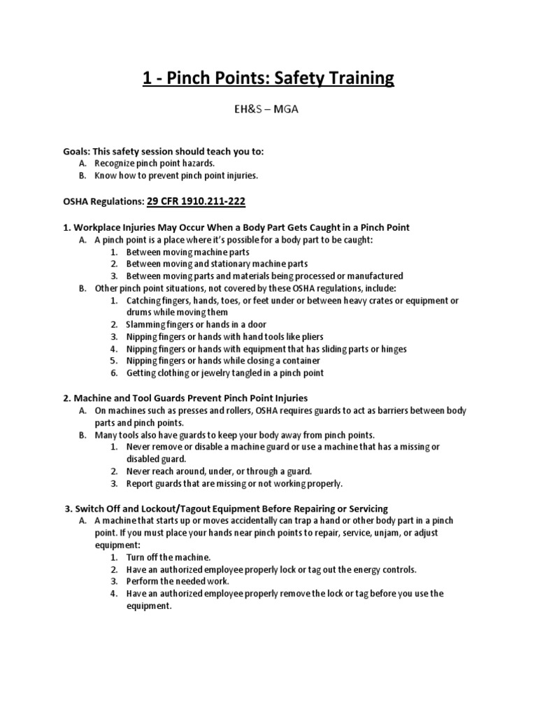 1 Pinch Points Safety Training Eh&S Mga PDF Manufactured