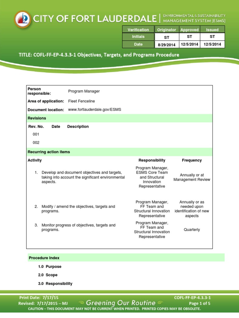 Fleet Fenceline Objectives & Targets Procedure | PDF | Environmental ...