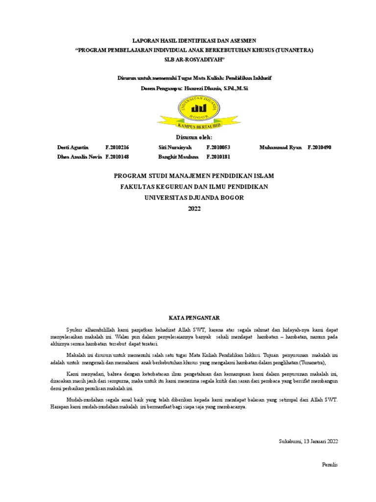 Laporan Identifikasi Dan Asesmen Abk Tunanetra Pendidikan Inklusif