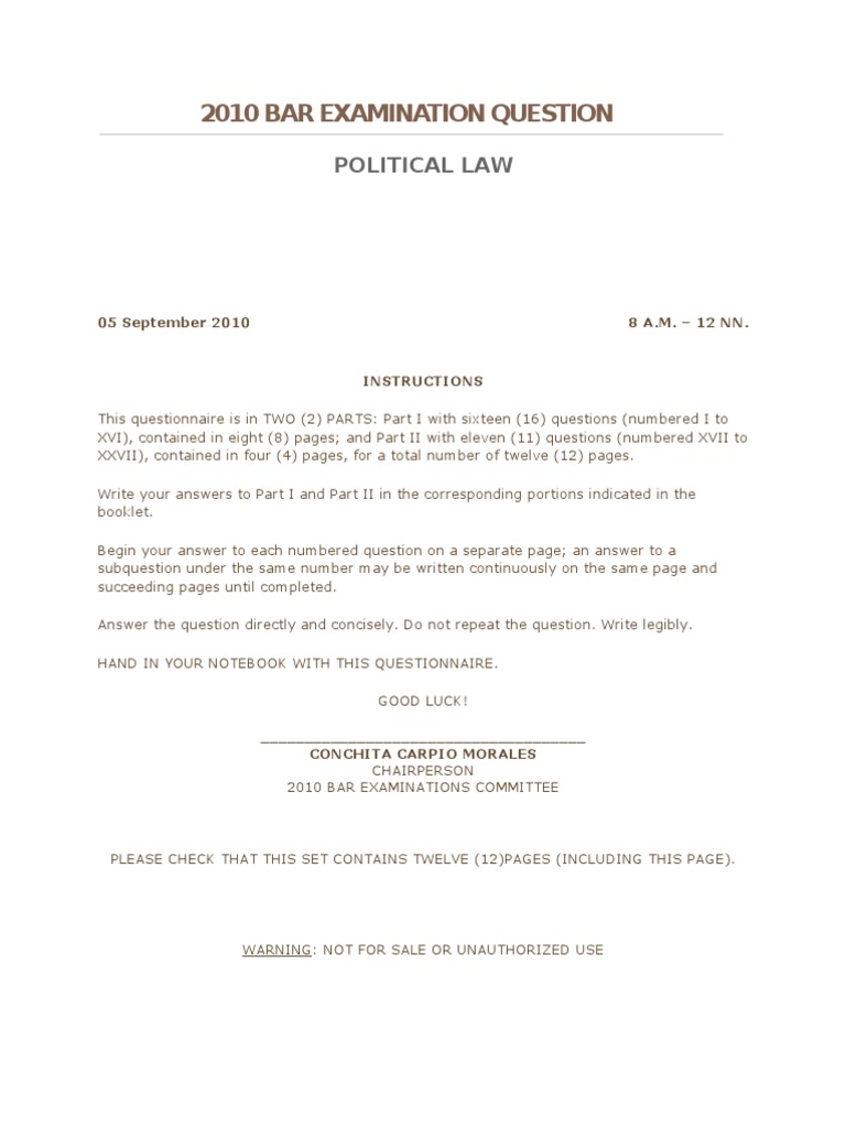 2010 Bar Examination Question PDF President Of The Philippines