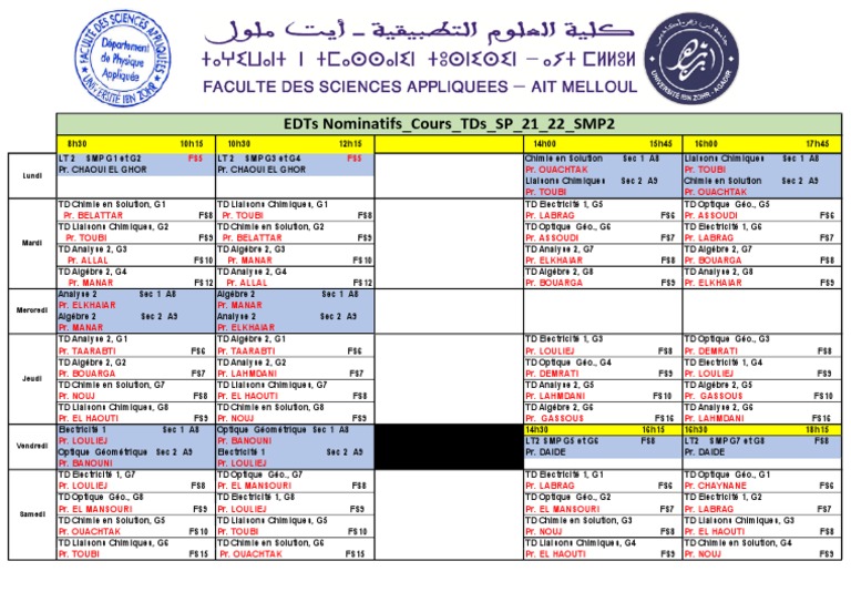 Emploi du temps des cours de chimie et maths | PDF | Sciences physiques ...