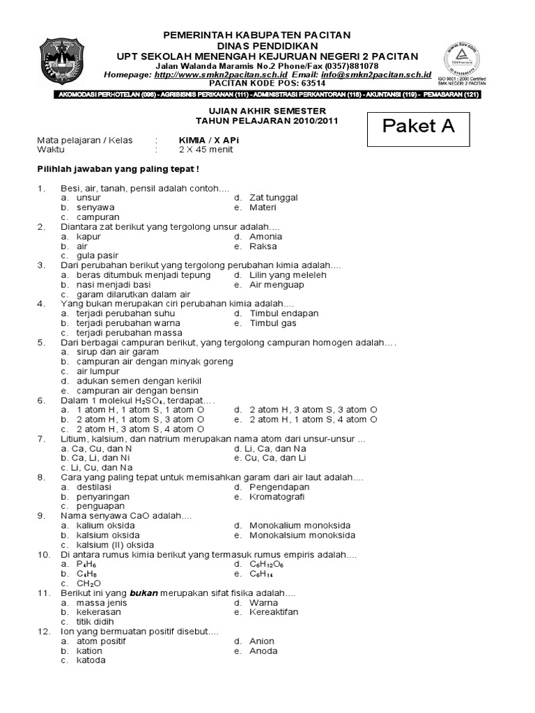 Soal Kimia Smk Materi Unsur Persamaan Reaksi