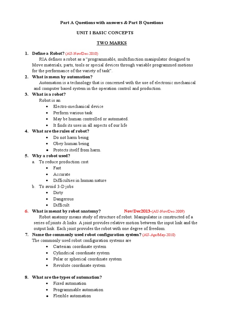 Robotics Exam Questions and Answers | PDF | Electric Motor | Actuator