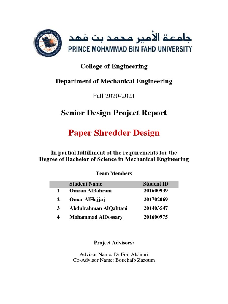 Paper Shredder Design Project Report | PDF | Gear | Electric Motor