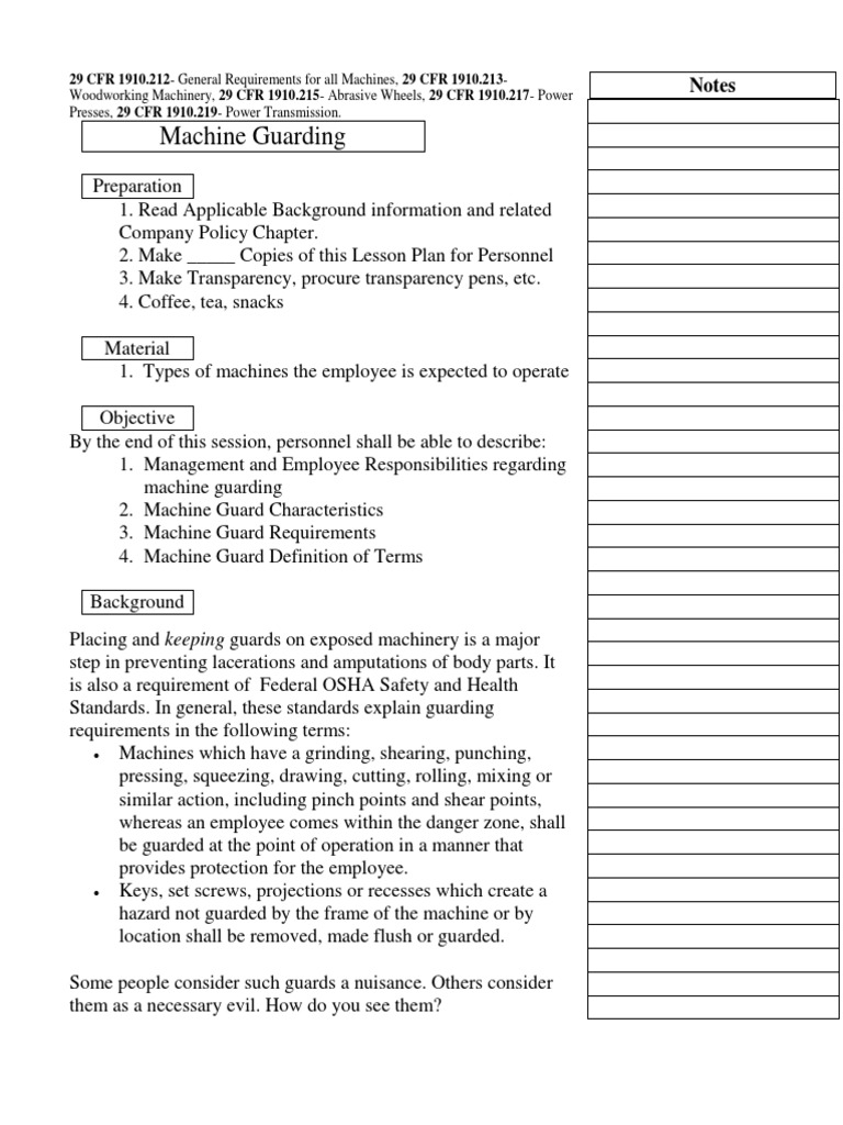 OSHA machine guarding standards summary PDF Machines Screw