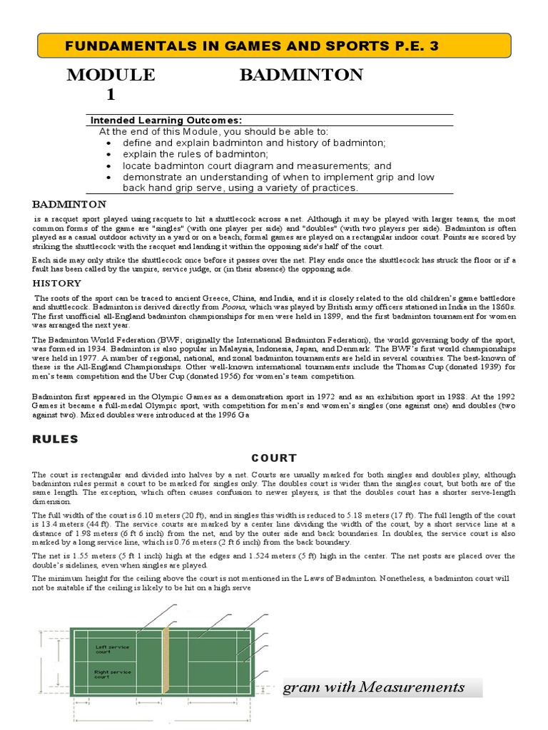Module Badminton 1: Badminton Court Diagram With Measurements | PDF