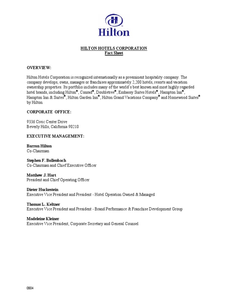 Hilton Hotels Corporation Fact Sheet PDF Hilton Worldwide Hotel