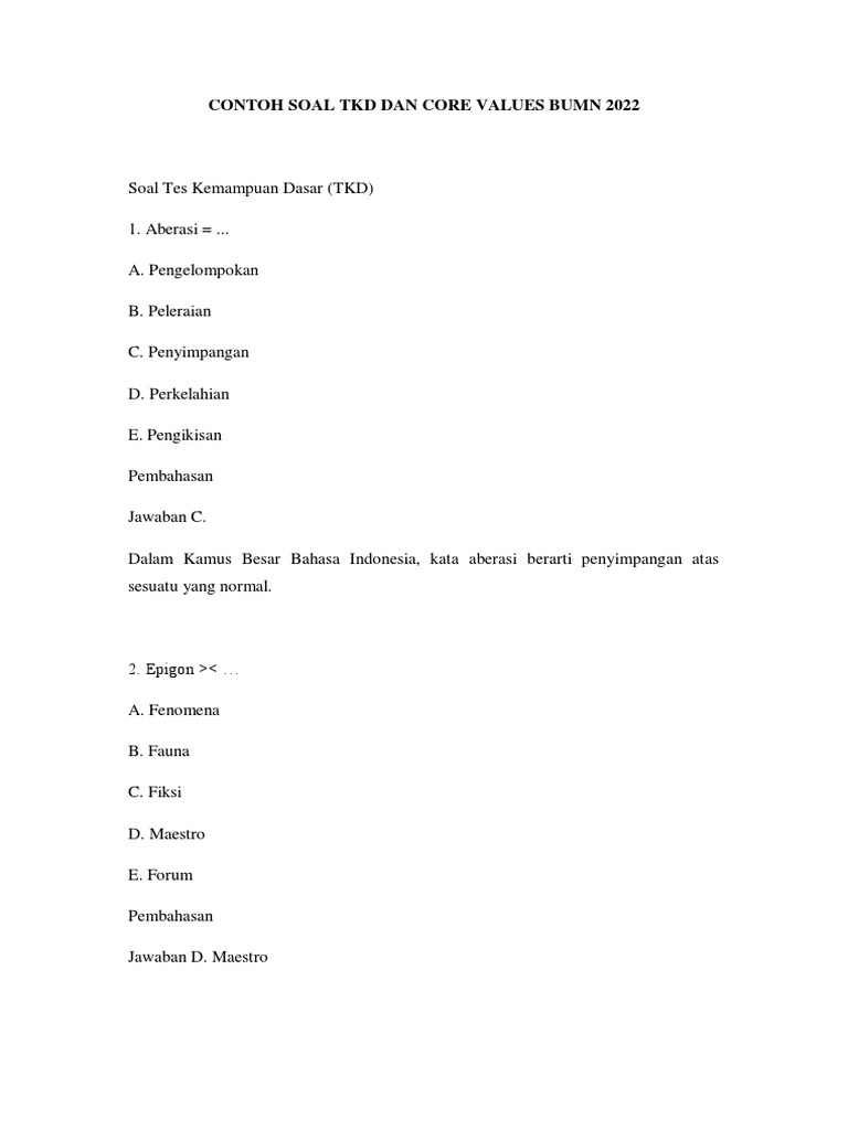 Soal TKD Dan Core Values Bumn 2022 PDF