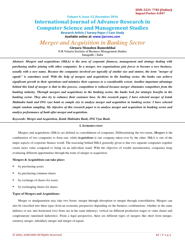 Merger and Acquisition in Banking Sector | PDF | Mergers And ...