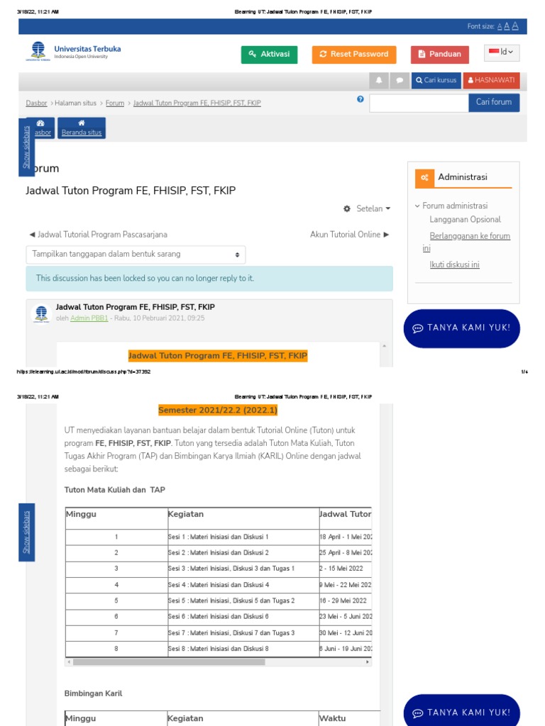 Elearning UT - Jadwal Tuton Program FE, FHISIP, FST, FKIP | PDF