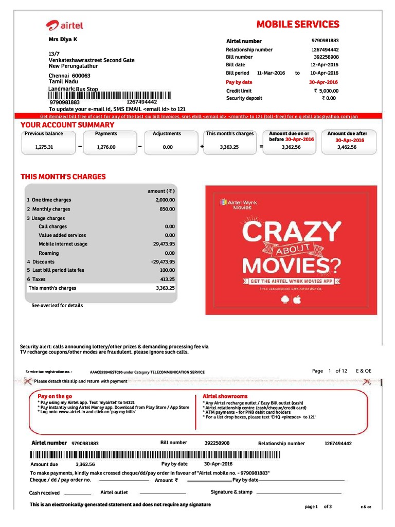 Airtel Bill Summary and Charges | PDF | Roaming | Cheque