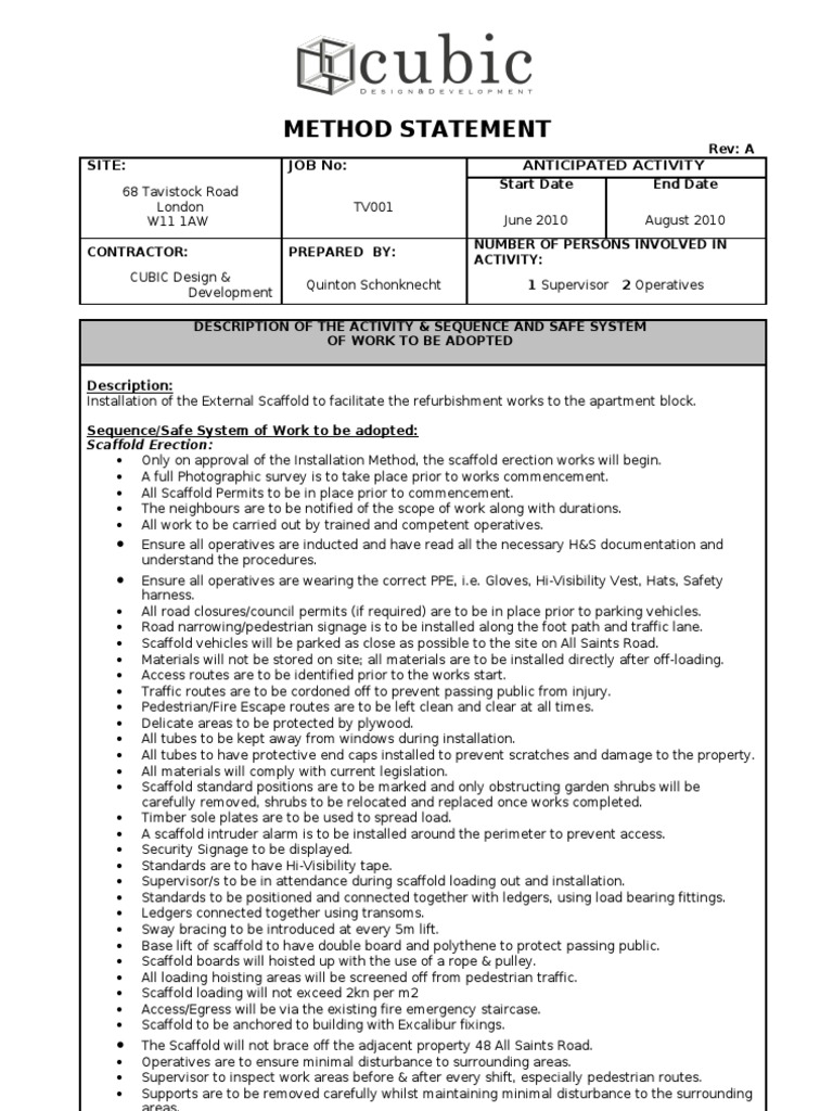 TR Risk and Method Statement Scaffold Installation 23rd June 2010
