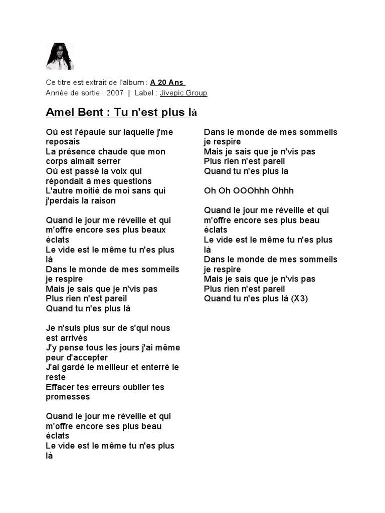 Amel Bent Tu N es Plus Là Paroles Tu N'es Plus La Amel Bent | PDF
