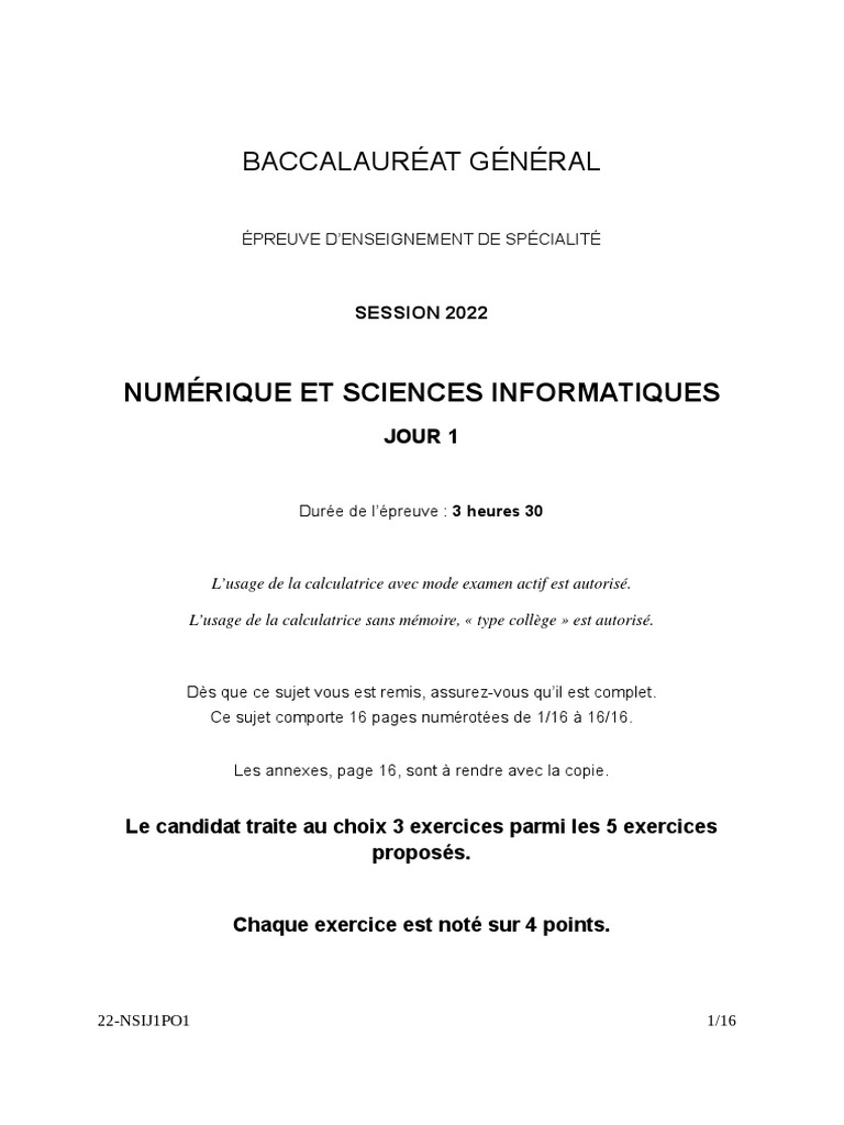 BAC 2022 Spécialité NSI Polynésie | PDF | SQL | Données informatiques