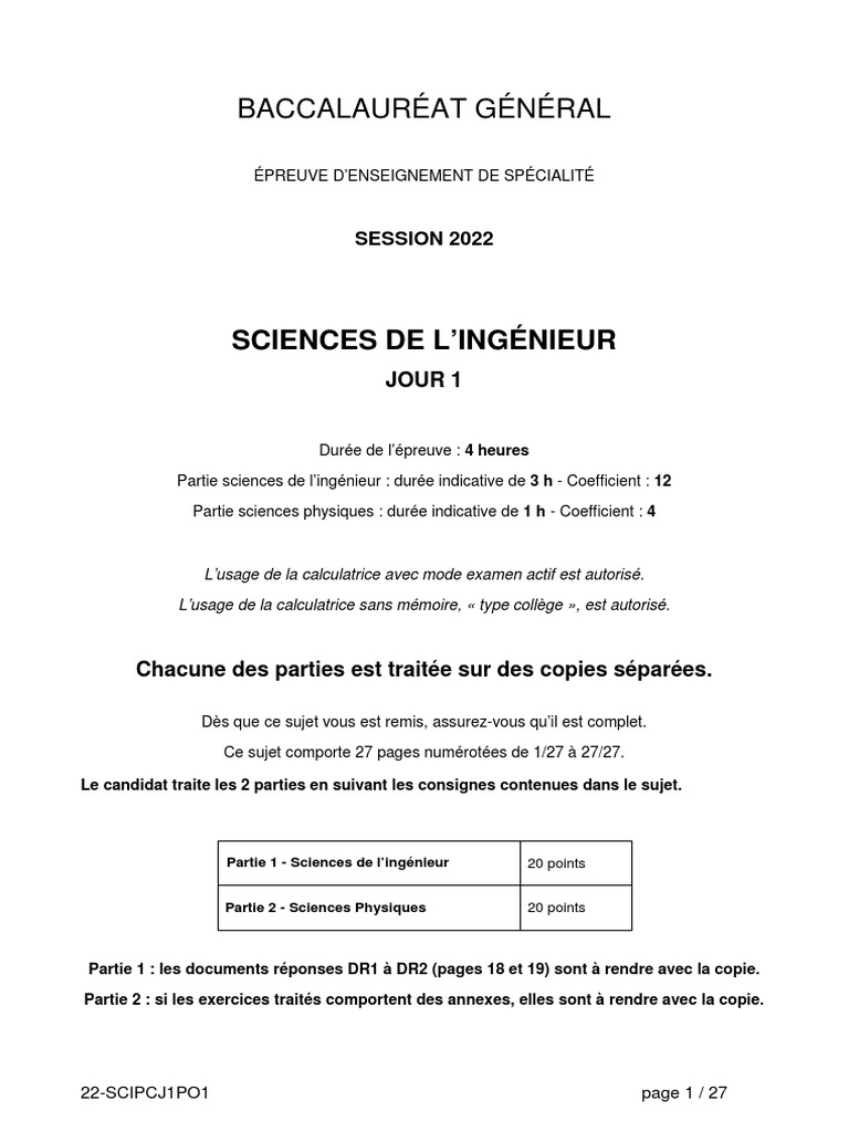Bac Polynesie 2022 Physique Chimie Corrige BAC 2022 Spécialité Sciences de L'ingénieur Polynésie - Jour 1 | PDF