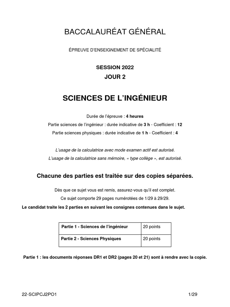 BAC 2022 Spécialité Sciences de L'ingénieur Polynésie - Jour 2 | PDF