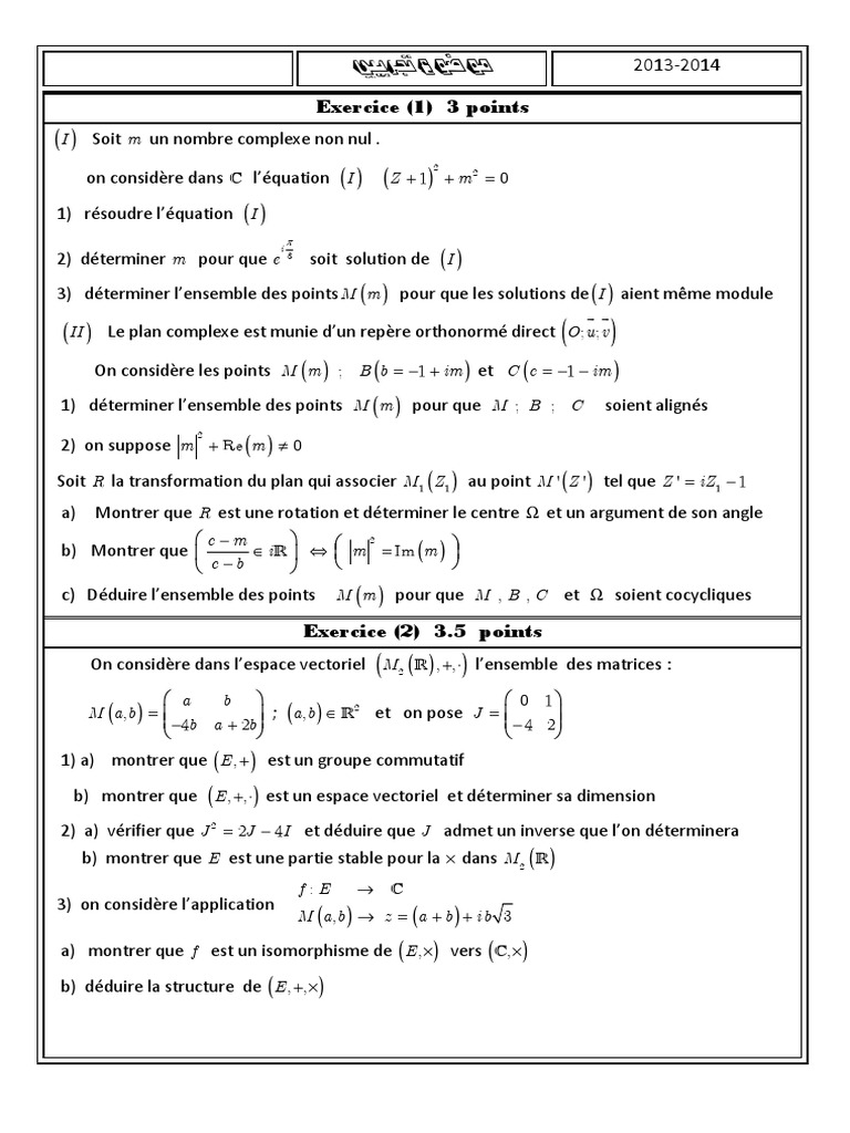 Exercices de Maths 2 Bac SM 2013-2014 | PDF | Nombre complexe | Analyse ...