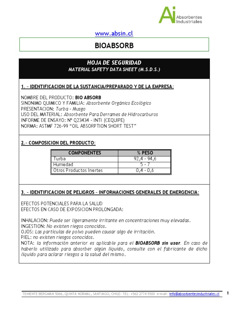 Ficha de Seguridad: Bio Absorbente | PDF | America latina | Américas