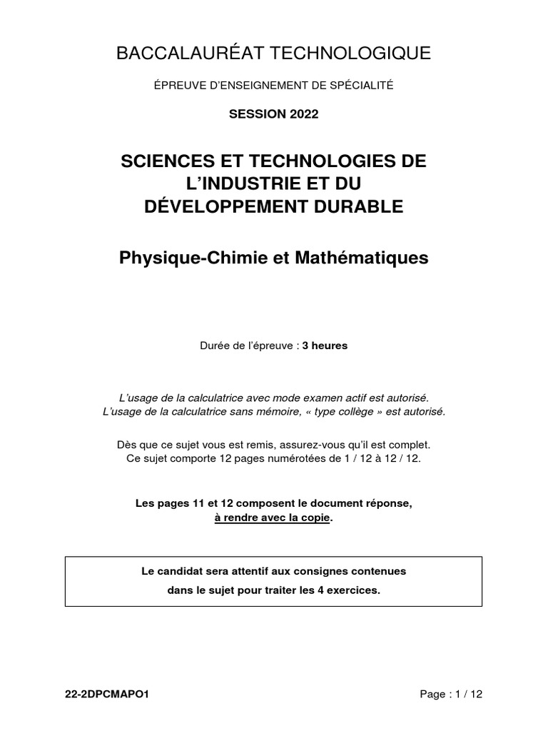 Sujet Bac Polynesie 2022 Physique Chimie Corrigé BAC STI2D 2022 - Physique-Chimie Et Maths Polynésie | PDF | Kérosène | Pile  à combustible