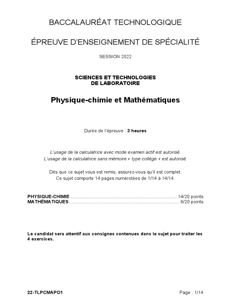 Bac Polynesie 2022 Physique Chimie Corrige BAC STL 2022 - Physique-Chimie Et Mathématiques Polynésie | PDF