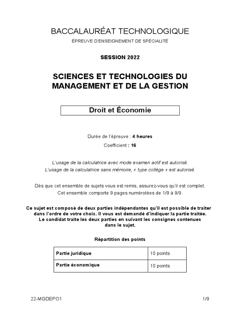 économie droit Bac Pro Corrigé 2022 BAC STMG 2022 - Droit Et Économie Polynésie | PDF | Propriété