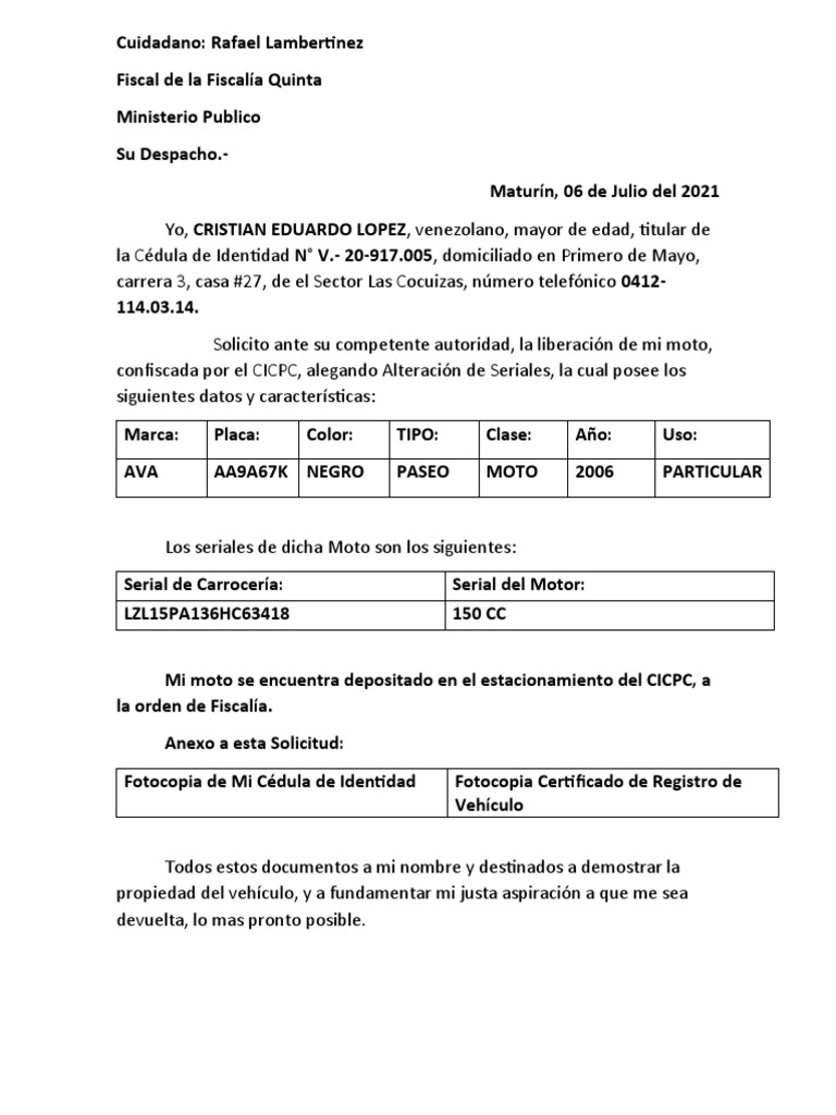 Solicitud Liberacion de Vehiculo PDF