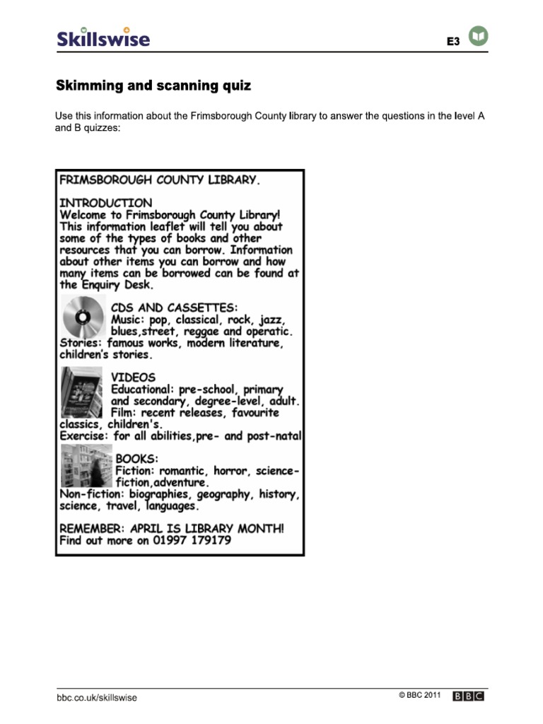 Skimming and Scanning Exercise 4 PDF