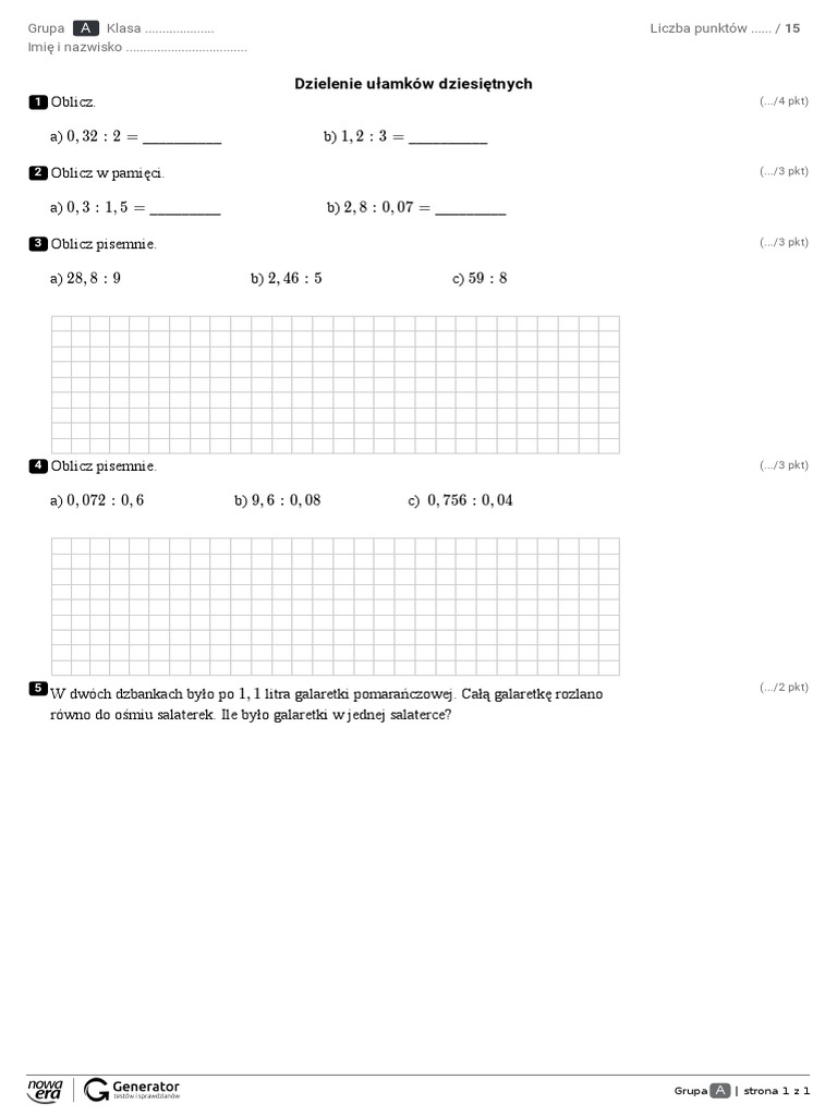 Mnożenie I Dzielenie Ułamków Dziesiętnych Zadania Pdf Test Klasa V Dzielenie Ułamków Dziesiętnych | PDF