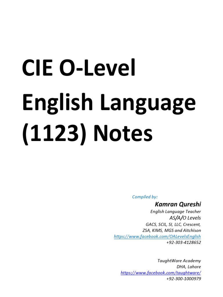 Kq's OLevel English Language Notes Course 1123Yr 2021 PDF Ellipsis Linguistics