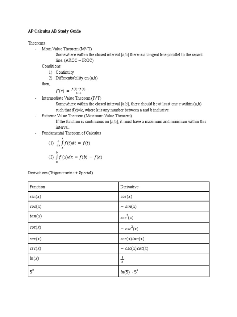 Ap Calculus Ab Study Guide _ AP Calculus AB Course – XYXWD