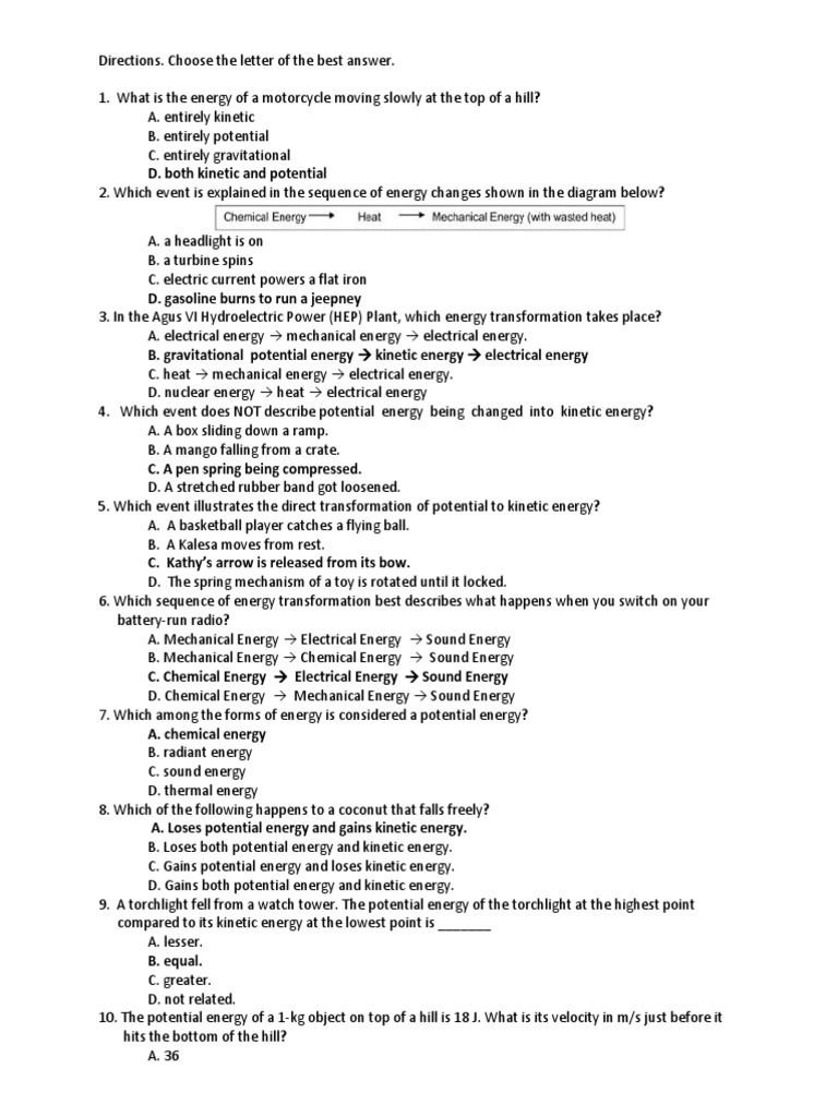 Energy Transformations Quiz PDF Potential Energy Energy