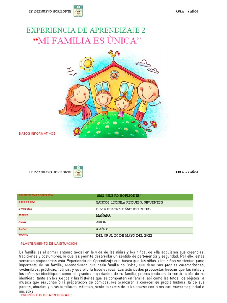 Experiencia de Aprendizaje 2 Mi Familia Es Ùnica | PDF | Las emociones ...