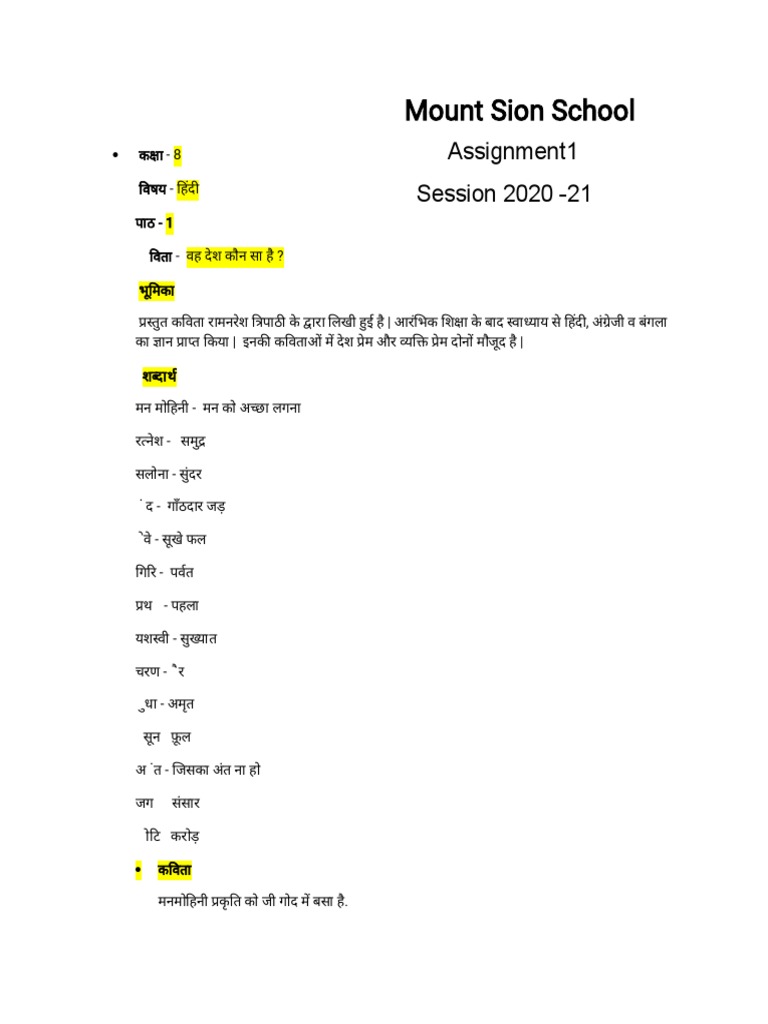 hindi assignment format