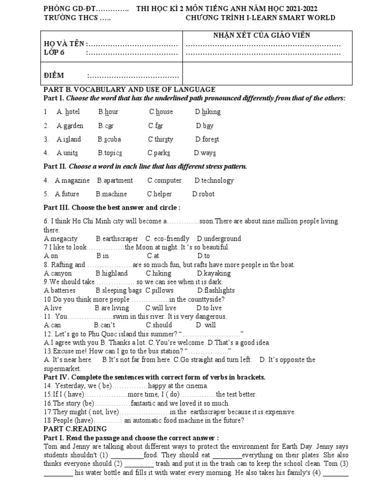 De Thi Hoc Ky 2 Mon Tieng Anh Lop 6 I Learn Smart World | PDF | Recycling