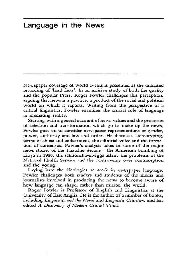 Roger Fowler - Language in The News - Discourse and Ideology in