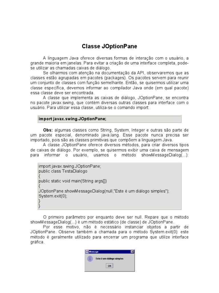 Uso da Classe JOptionPane em Java | PDF | Java (linguagem de ...