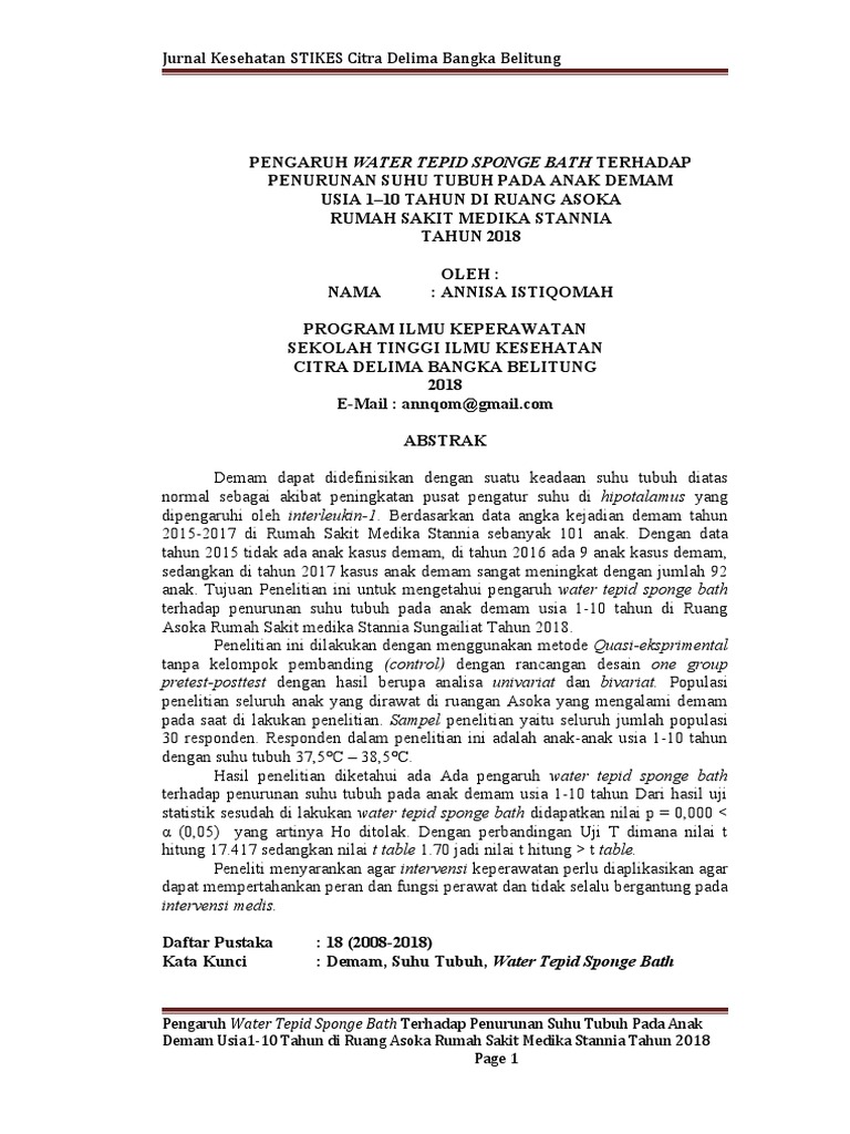 THE EFFECT OF WATER TEPID SPONGE BATH ON DECREASING BODY TEMPERATURE IN