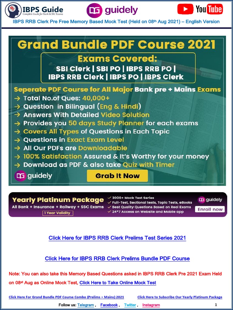 IBPS RRB Clerk Pre 2021 Memory Based Paper 1 (English) | PDF