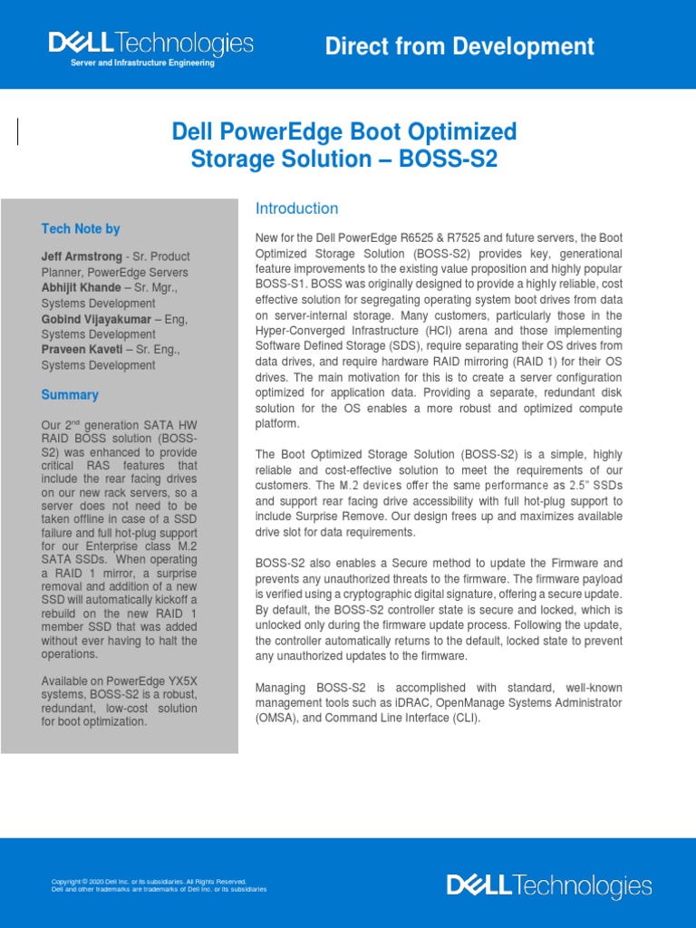 Dell Poweredge Boot Optimized Storage Solution BossS2 Direct From Development PDF Solid