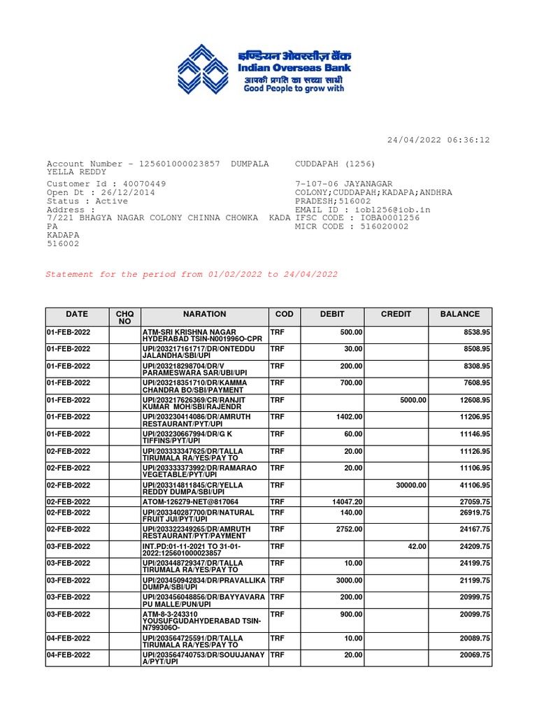 IOB UPI Transaction Statement 2022 | PDF | Money | E Commerce