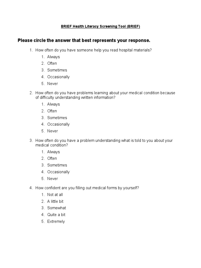 BRIEF Health Literacy Screening Tool Respondent Version PDF