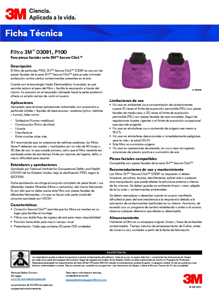 Ficha Técnica 3M™ Filtro D3091 PDF Contaminación Oxígeno