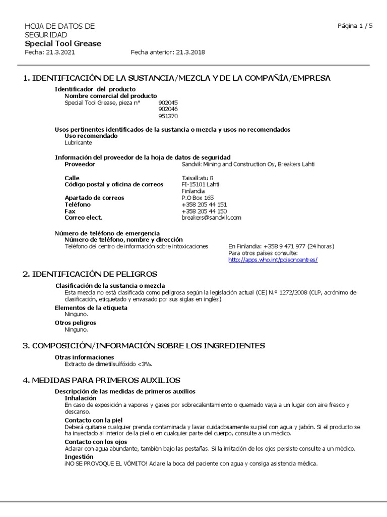 Special Tool Grease Msds Es1 | PDF | Agua | Residuos