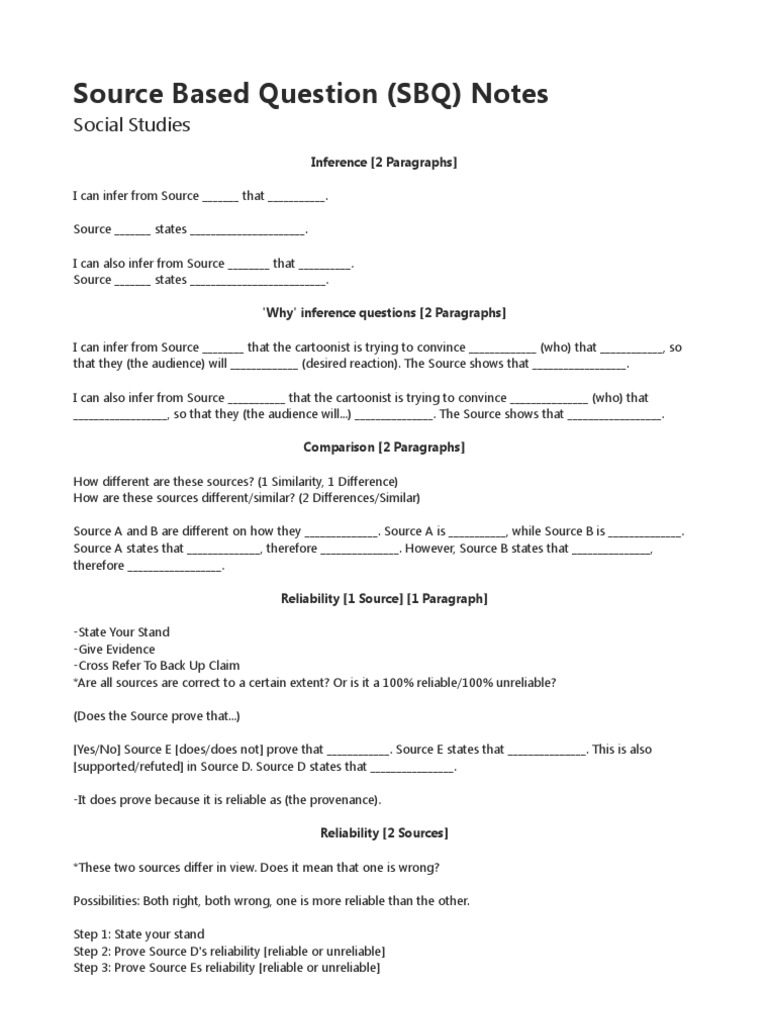 Source Based Question (SBQ) Formats, Social Studies PDF