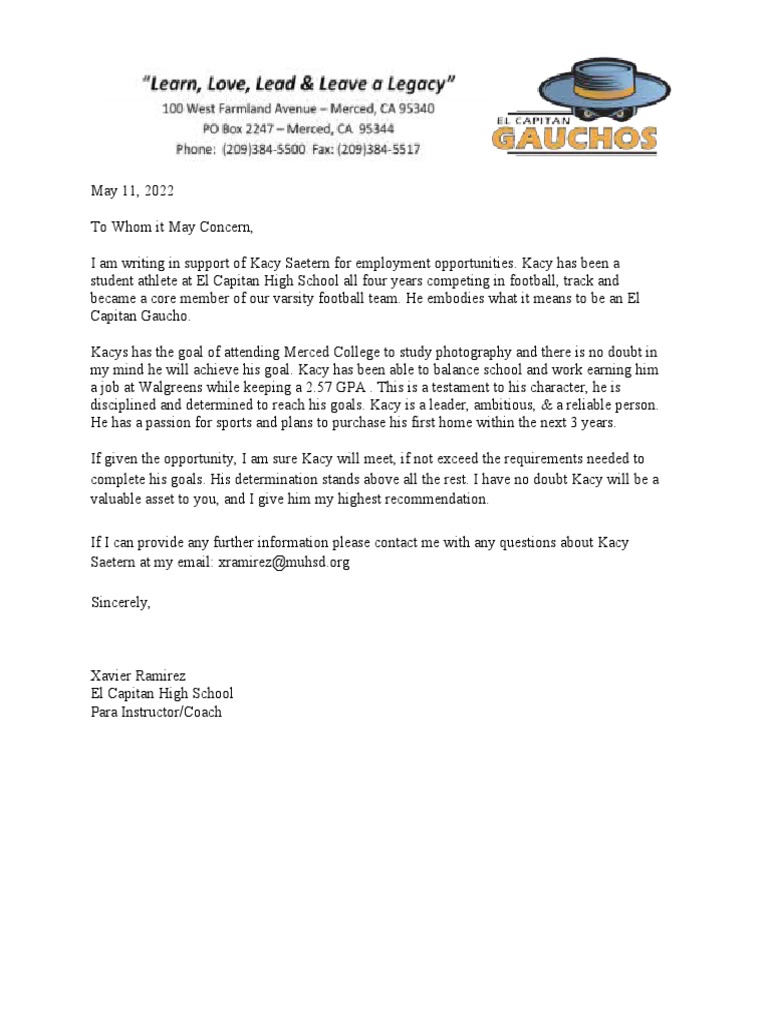 Copy of Letter of Rec Kacy Saetern | PDF | Sports & Recreation