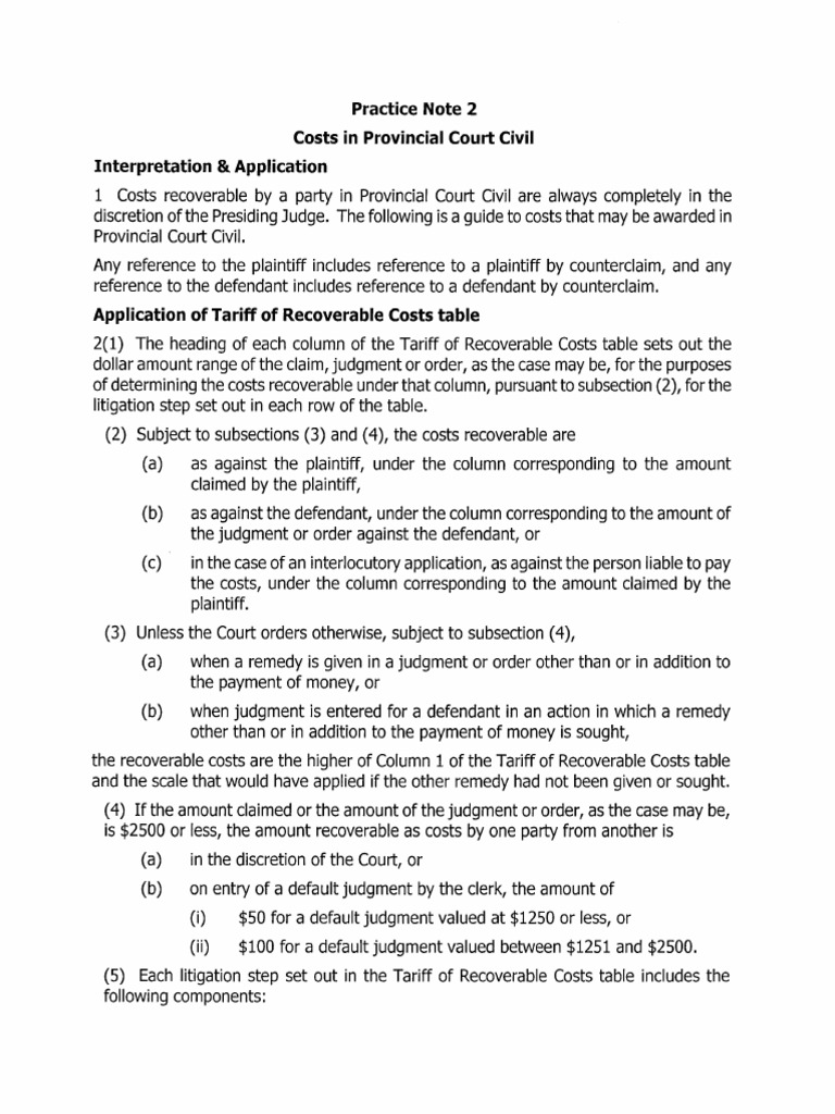 PC Civil Practice Note 2 Costs in Provincial Court Civil January 2 2019 ...