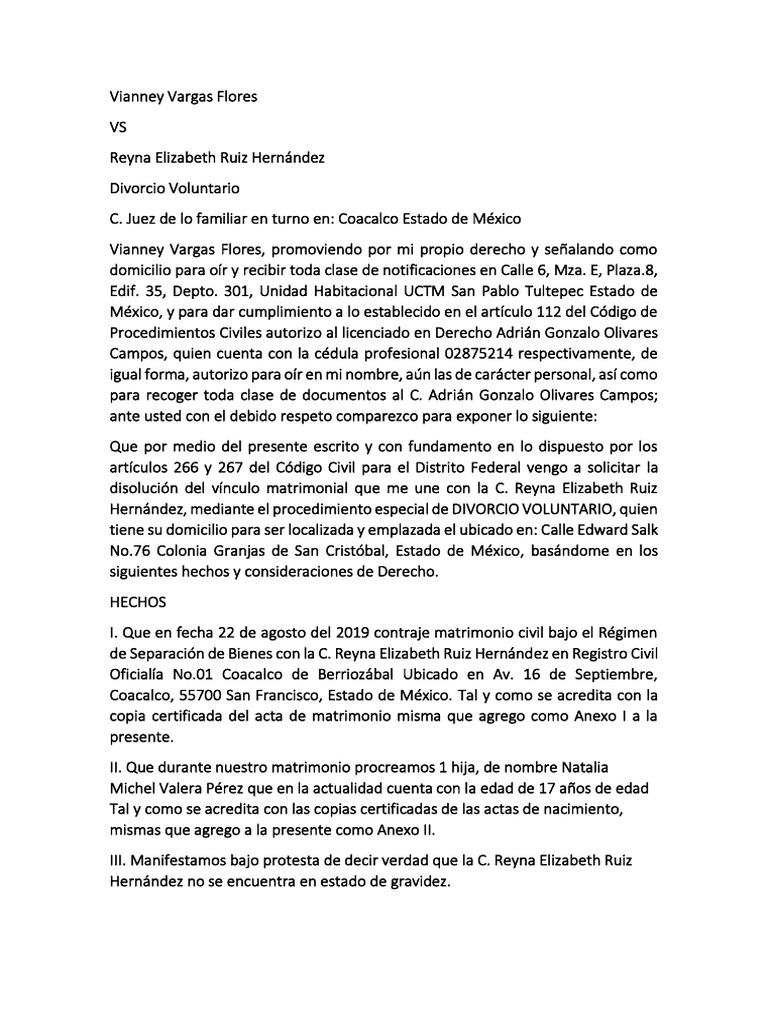 Solicitud de divorcio voluntario y propuesta de convenio regulador