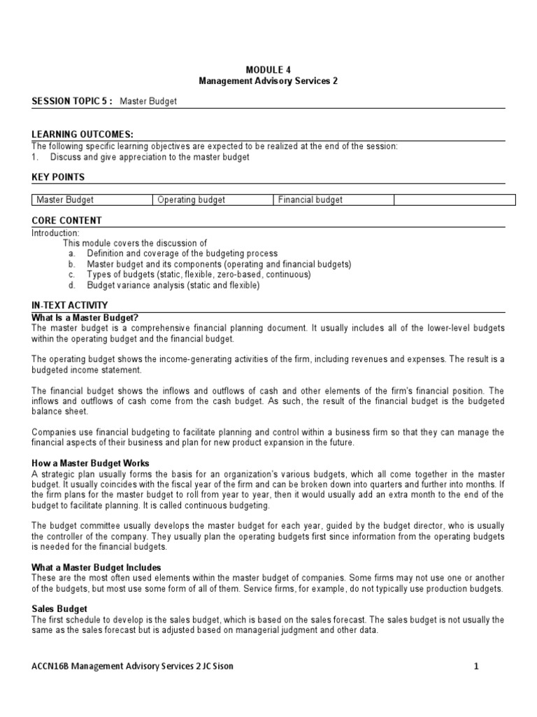 Master Budget Overview and Components | PDF | Budget | Balance Sheet
