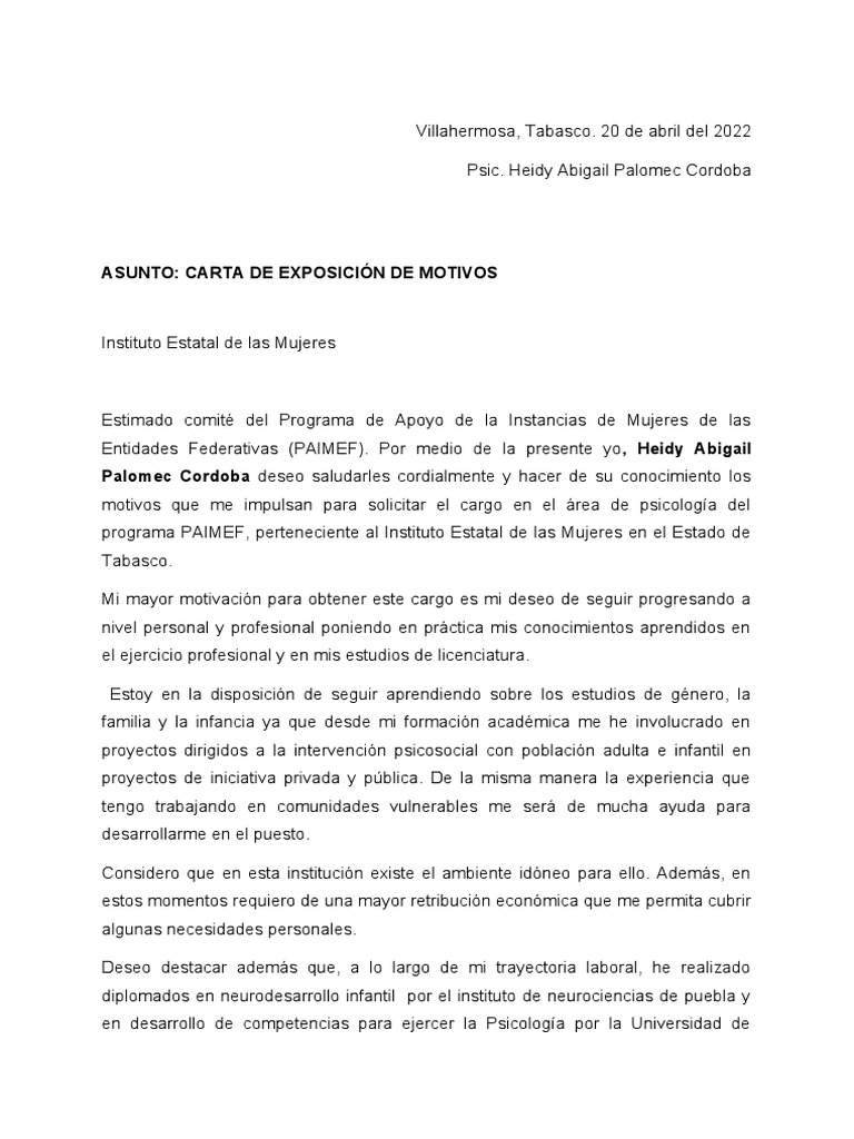 Carta de Exposicion de Motivos para Trabajo  PDF